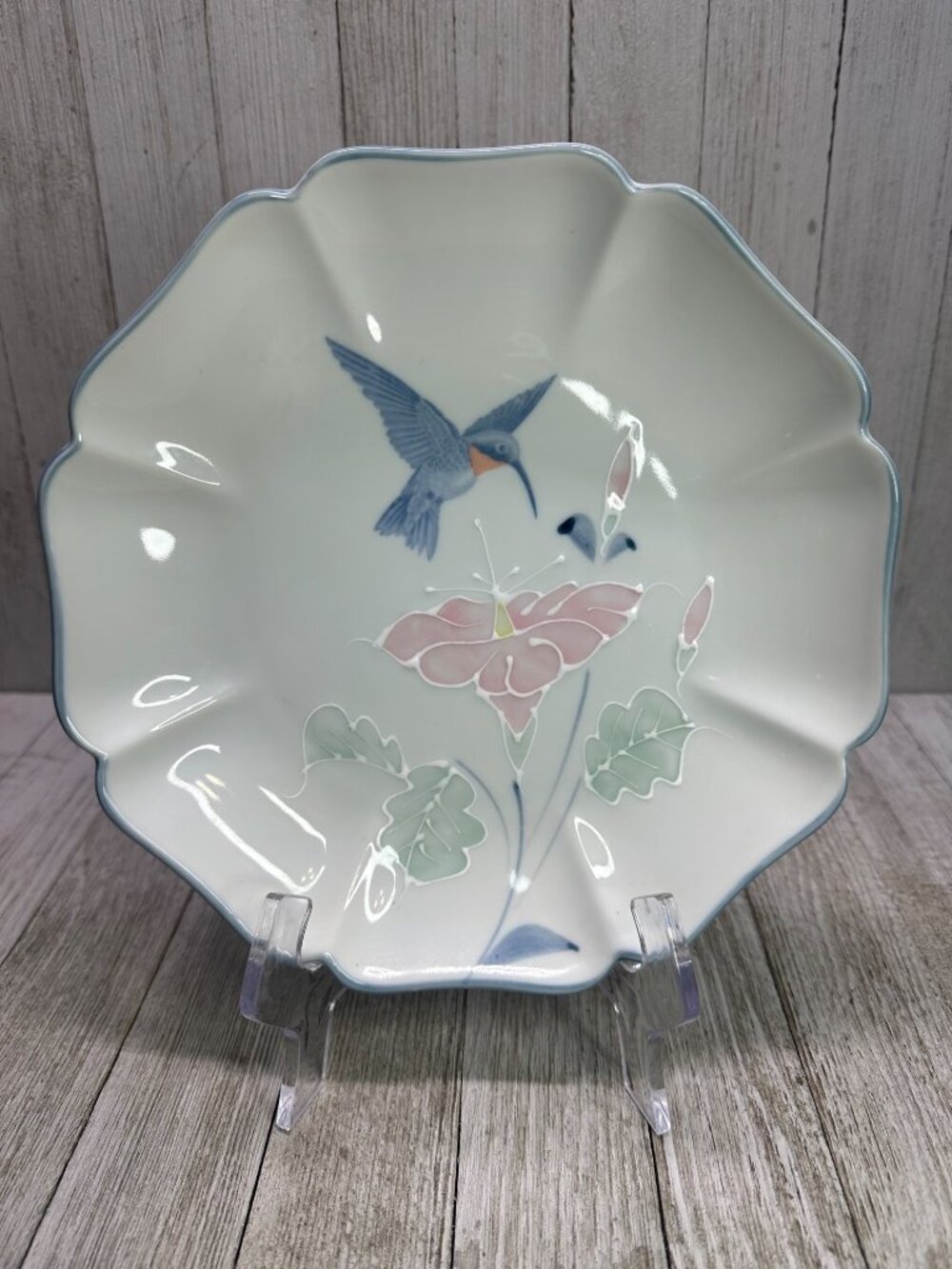 Vtg Otagiri Plate Octagonal Lotus & Hummingbird Design Blue Trim 8.5'' Japan